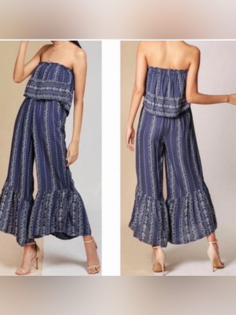 JAPNA Strapless Smocked Boho Wide Leg Jumpsuit Women’s Navy Print Size M